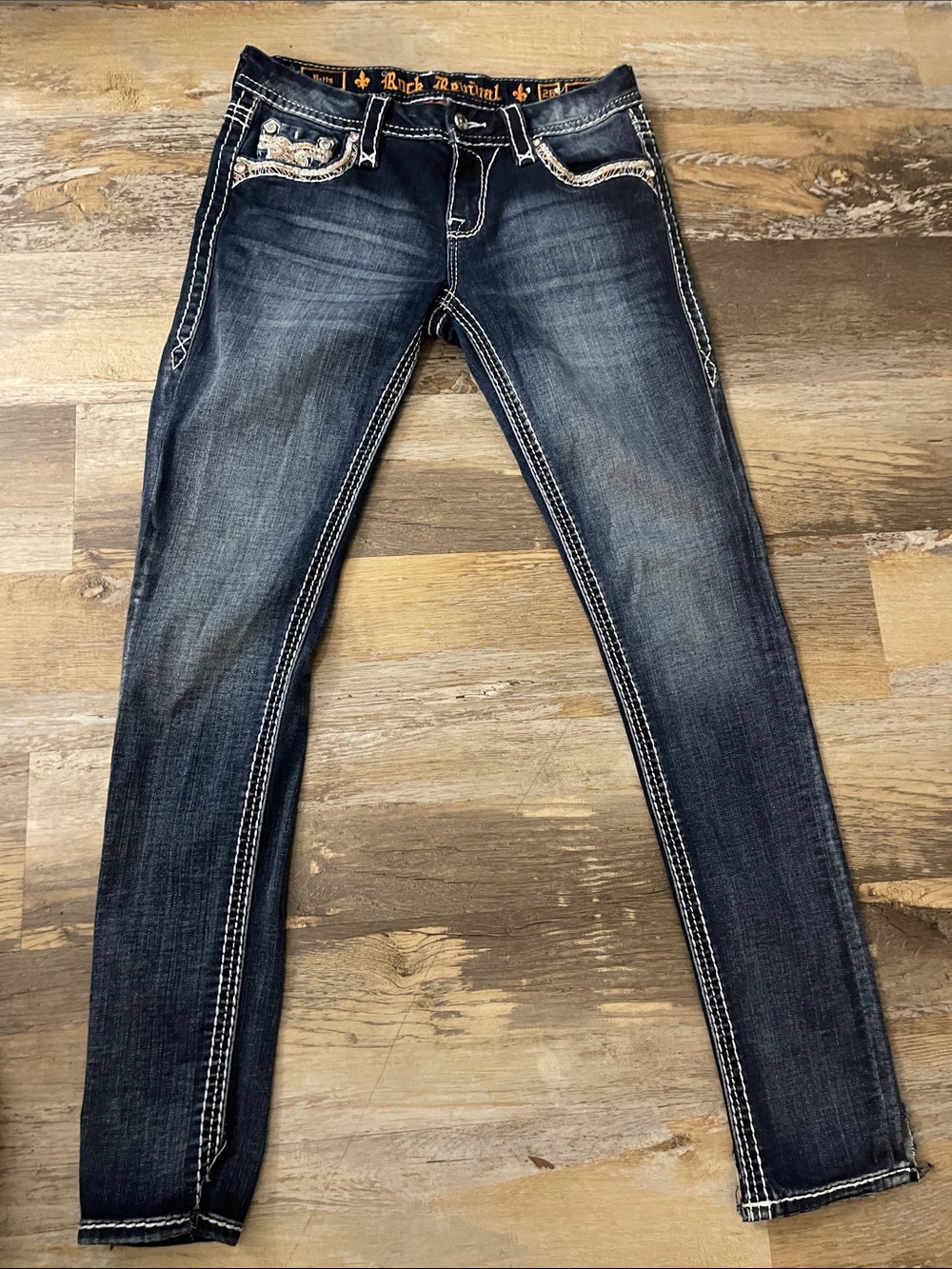 Rock Revival Women's Dark Indigo Skinny Jeans with White Stitching